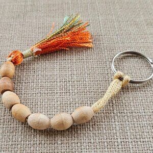 Keys Holder Tan Real Wood Beads Handmade Key Chain 7 beads Orange Tassel